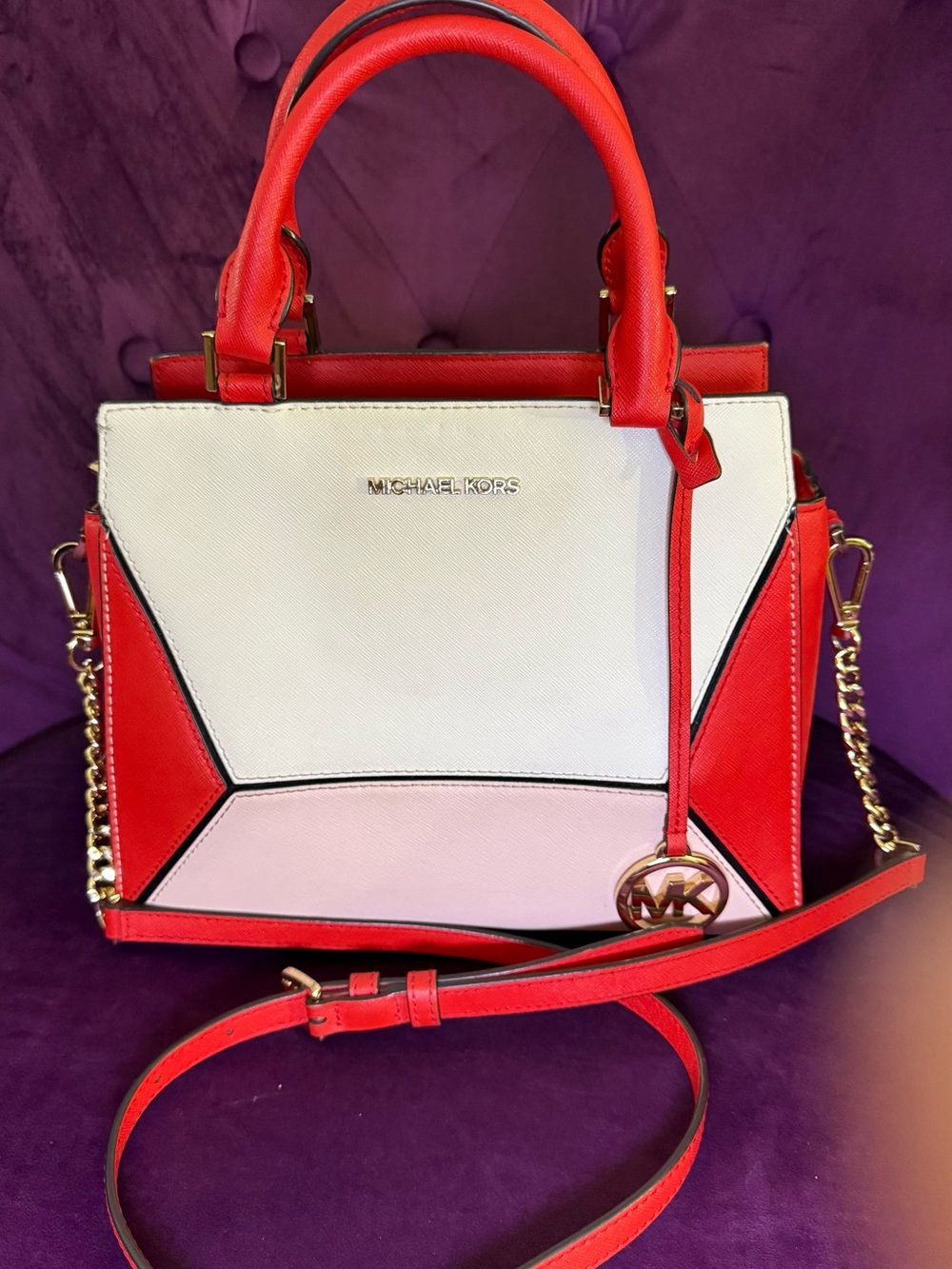 Michael Kors Colorblock Satchel Crossbody Bag Red White Pink Gold Hardware